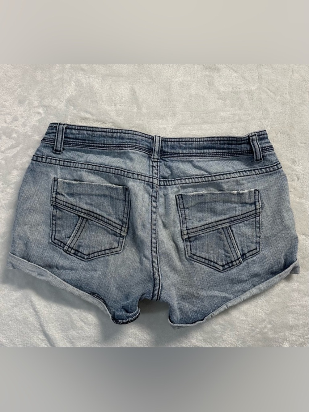 2.1 DENIM women's light faded embroidered lowrise mini denim shorts, 27".